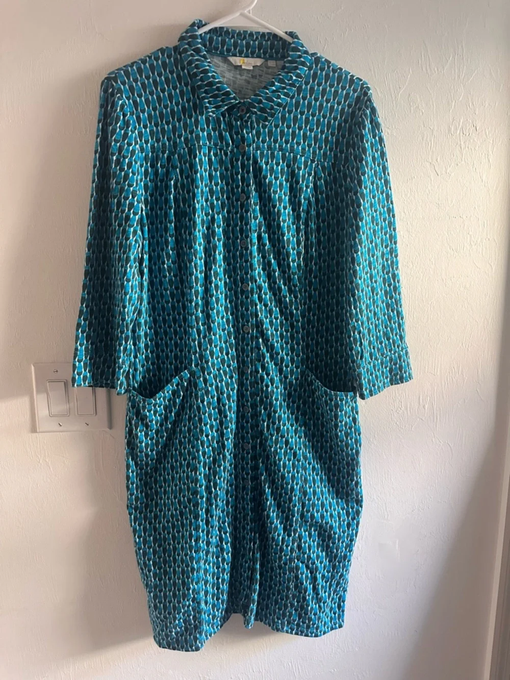 Boden Button Down Print Dress in Blue Teal Sz 10 - Picture 2 of 7